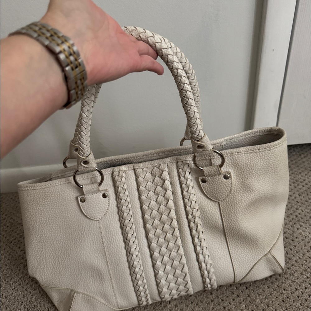 Elegant Cream Braided Handle Tote Bag